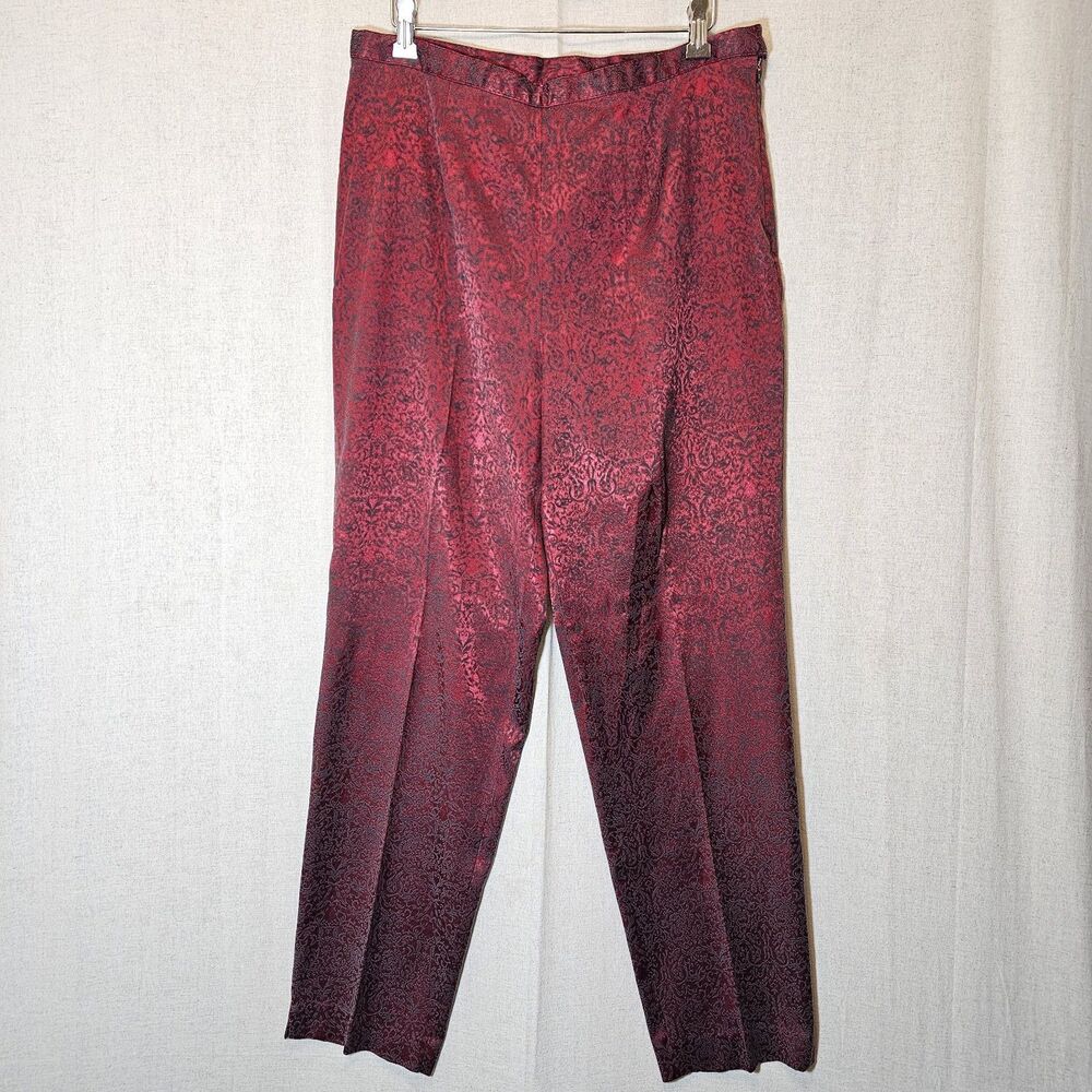 AGB Byer Womens Dress Pant Vintage Size 14 Red Black Brocade Print Shiny Slacks